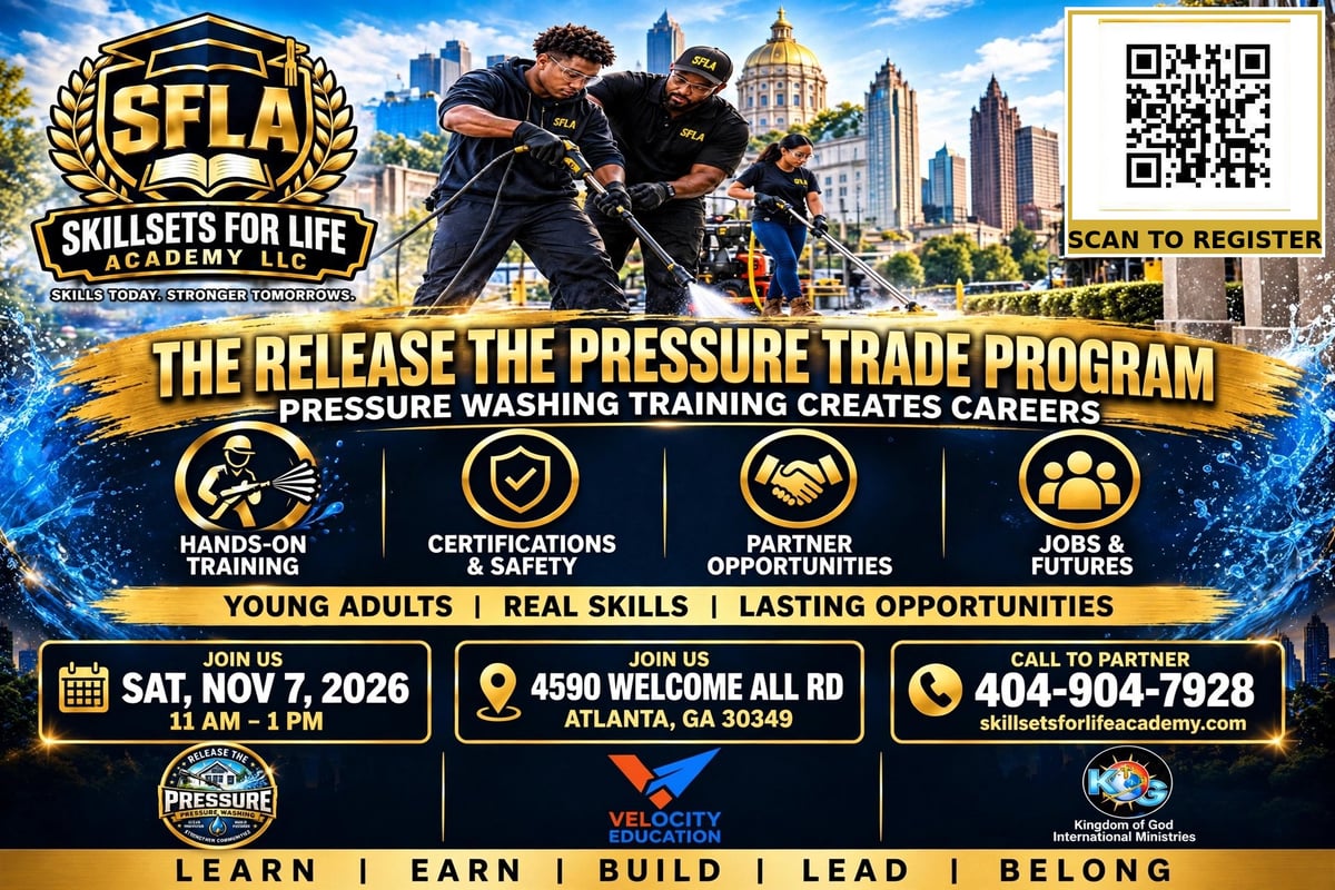 SFLA Skills for Life Academy promotional flyer for pressure washing training program with event details and Atlanta skyline background