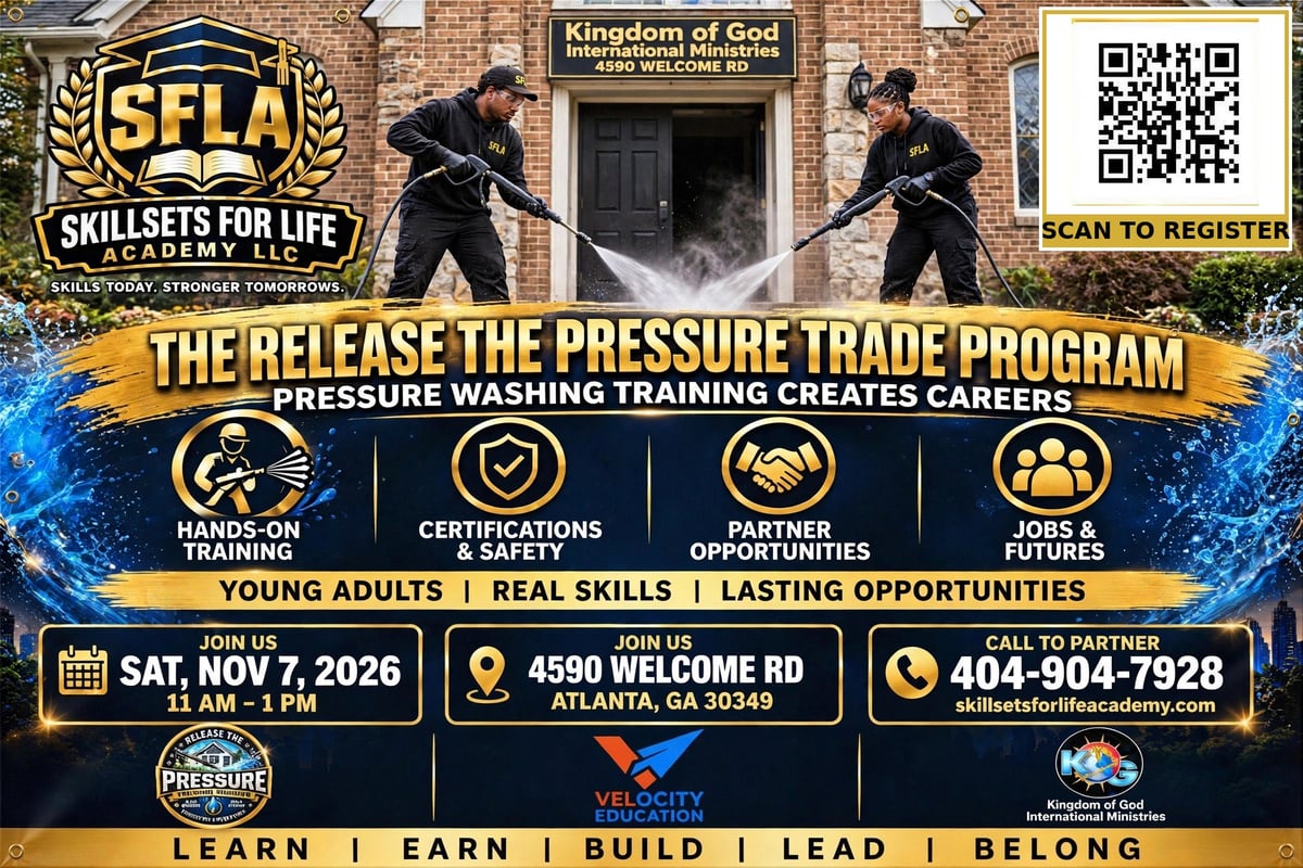 Promotional flyer for SFLA pressure washing training program showing career opportunities and contact information